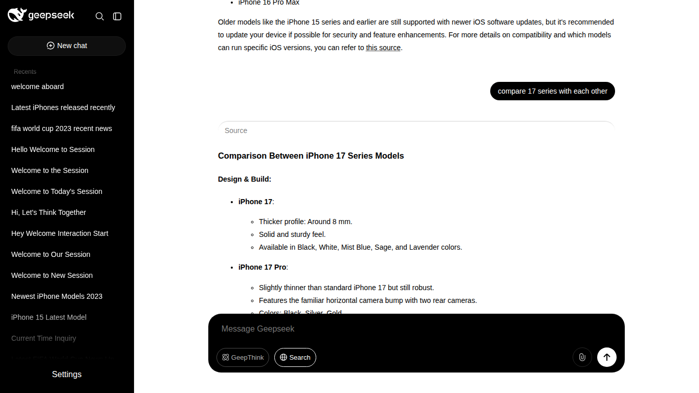 GeepSeek conversation with reasoning display