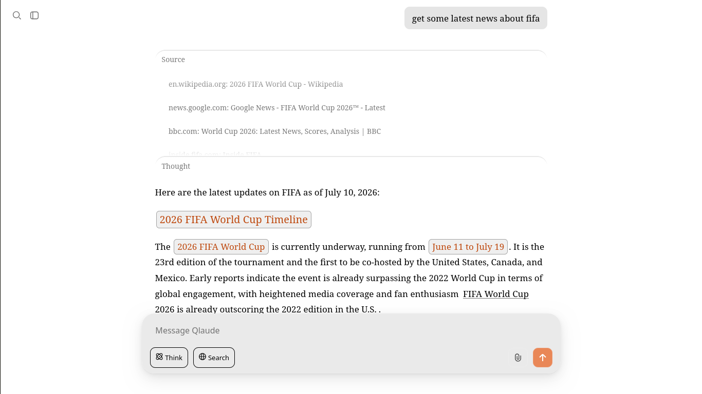 Qlaude web search results integration